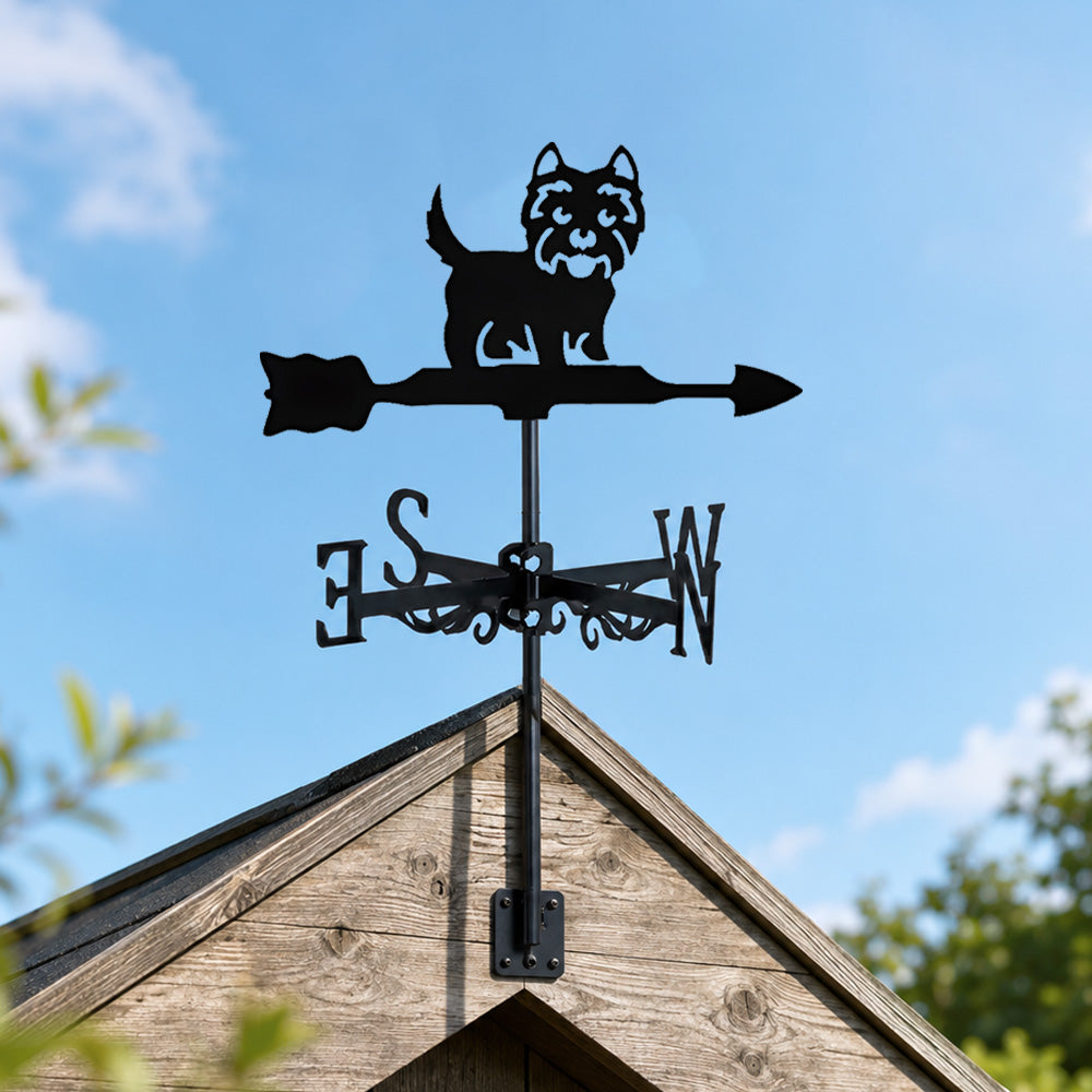 West highland white terrier metal weather vane with directional arrows and mounting rod, outdoor roof and garden decoration
