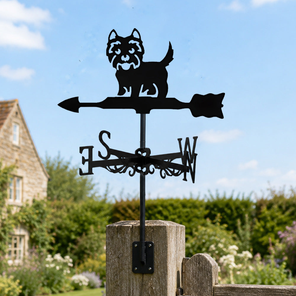 West highland white terrier metal weather vane with directional arrows and mounting rod, outdoor roof and garden decoration