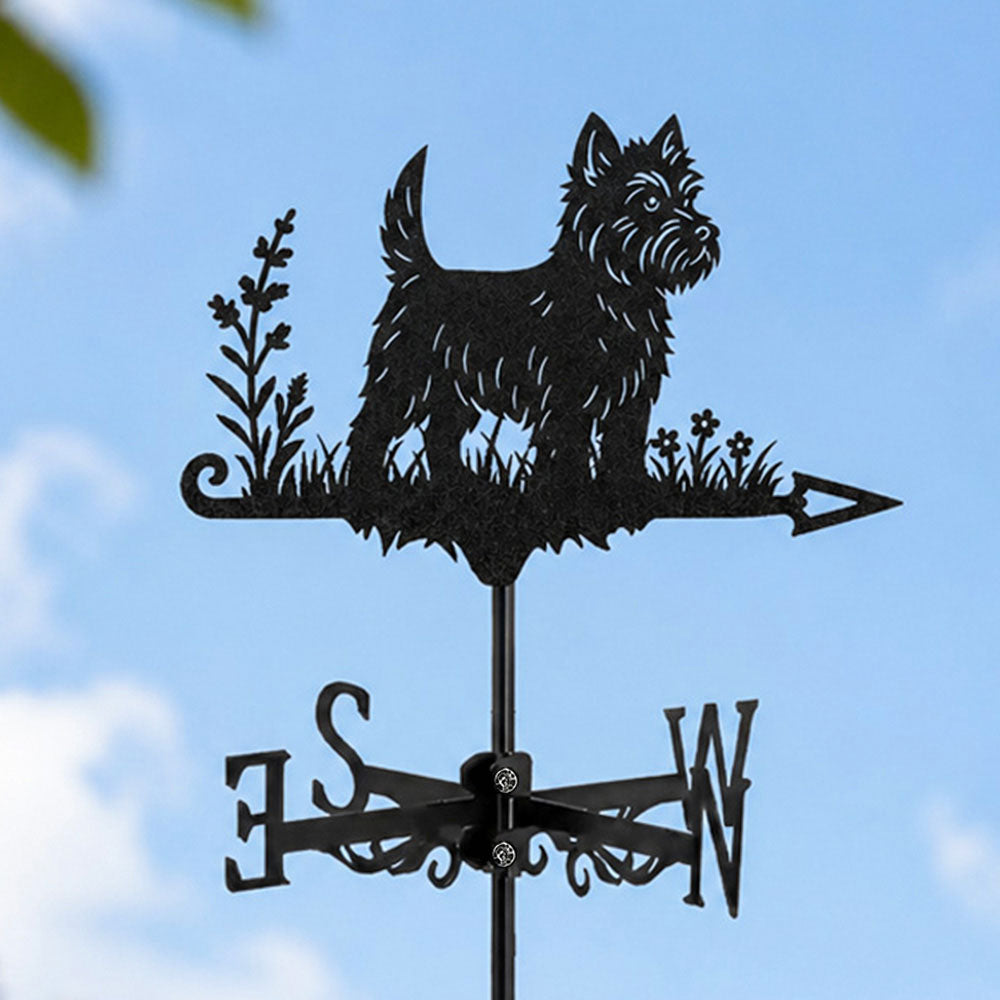 West highland white terrier metal weather vane with directional arrows and mounting rod, outdoor roof and garden decoration