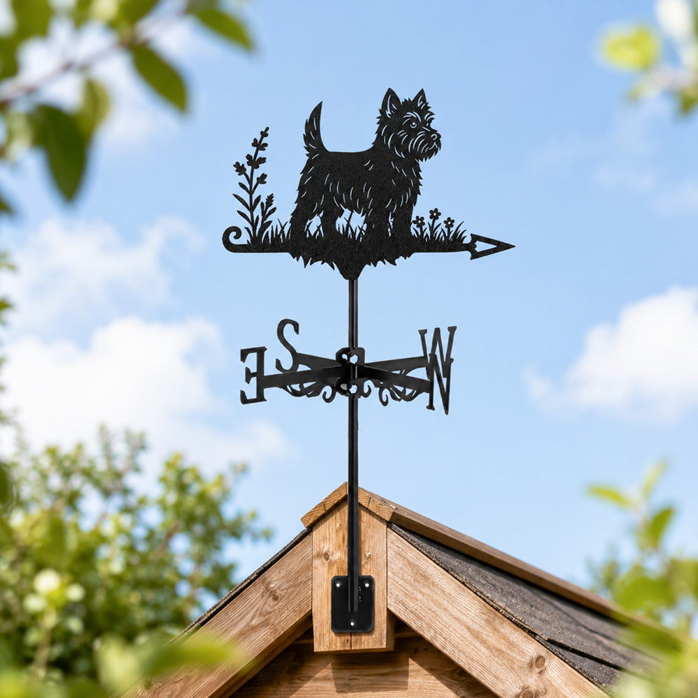 West highland white terrier metal weather vane with directional arrows and mounting rod, outdoor roof and garden decoration