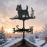 West highland white terrier metal weather vane with directional arrows and mounting rod, outdoor roof and garden decoration