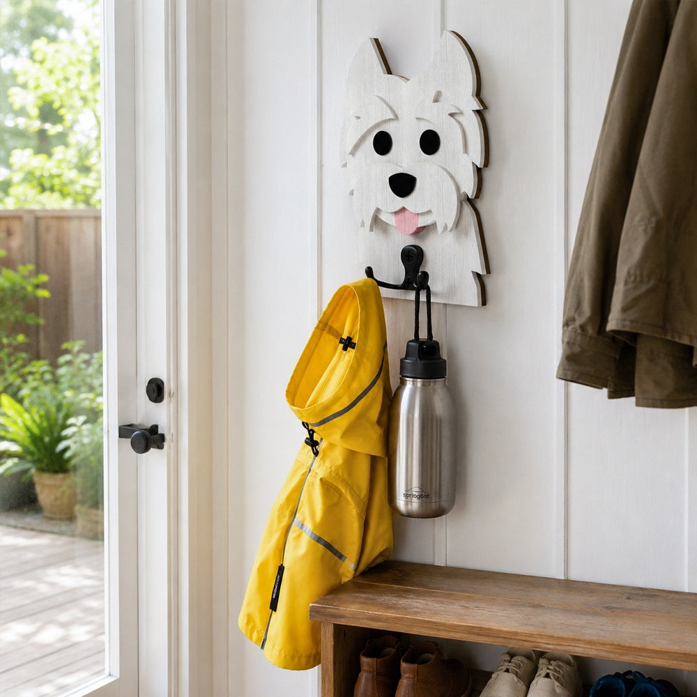 Wooden west highland white terrier dog wall hook key and leash holder for home entryway organizer
