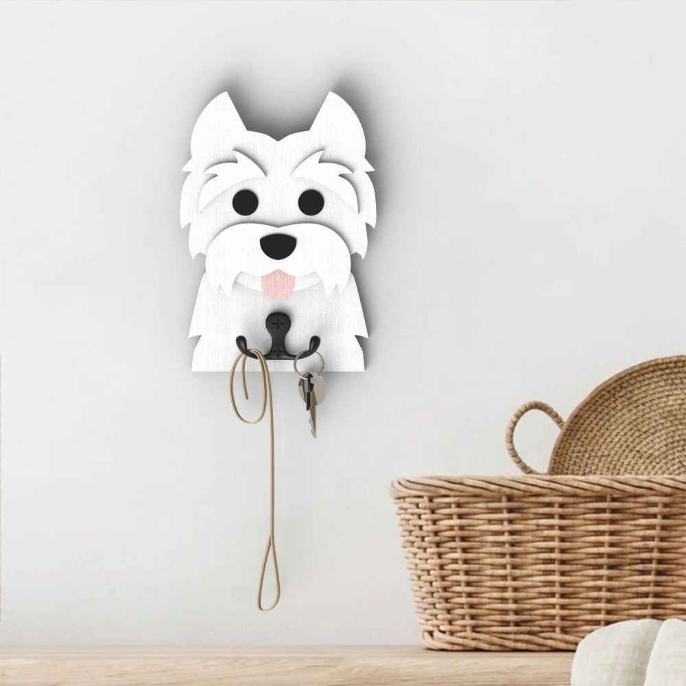Wooden west highland white terrier dog wall hook key and leash holder for home entryway organizer