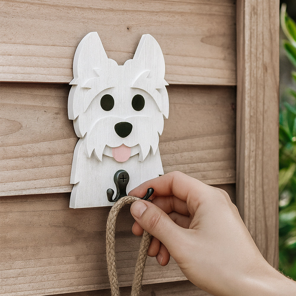 Wooden west highland white terrier dog wall hook key and leash holder for home entryway organizer