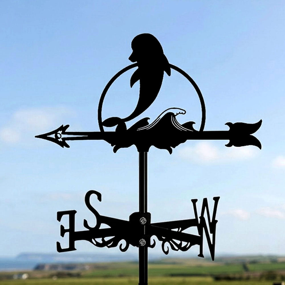 Whale metal weather vane with directional arrows and mounting rod, outdoor roof and garden decoration
