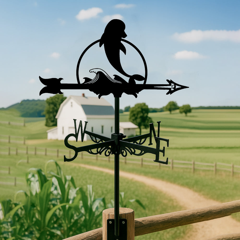 Whale metal weather vane with directional arrows and mounting rod, outdoor roof and garden decoration
