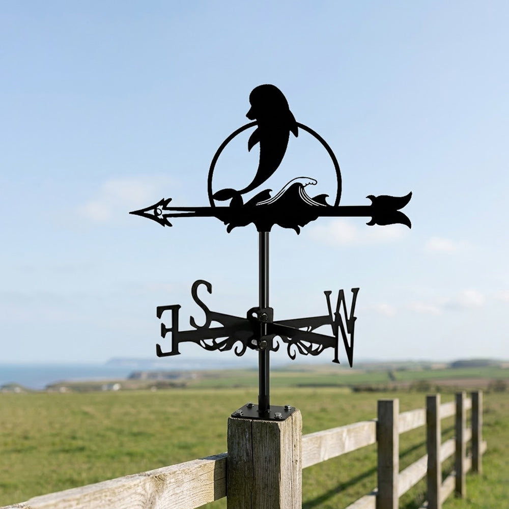 Whale metal weather vane with directional arrows and mounting rod, outdoor roof and garden decoration