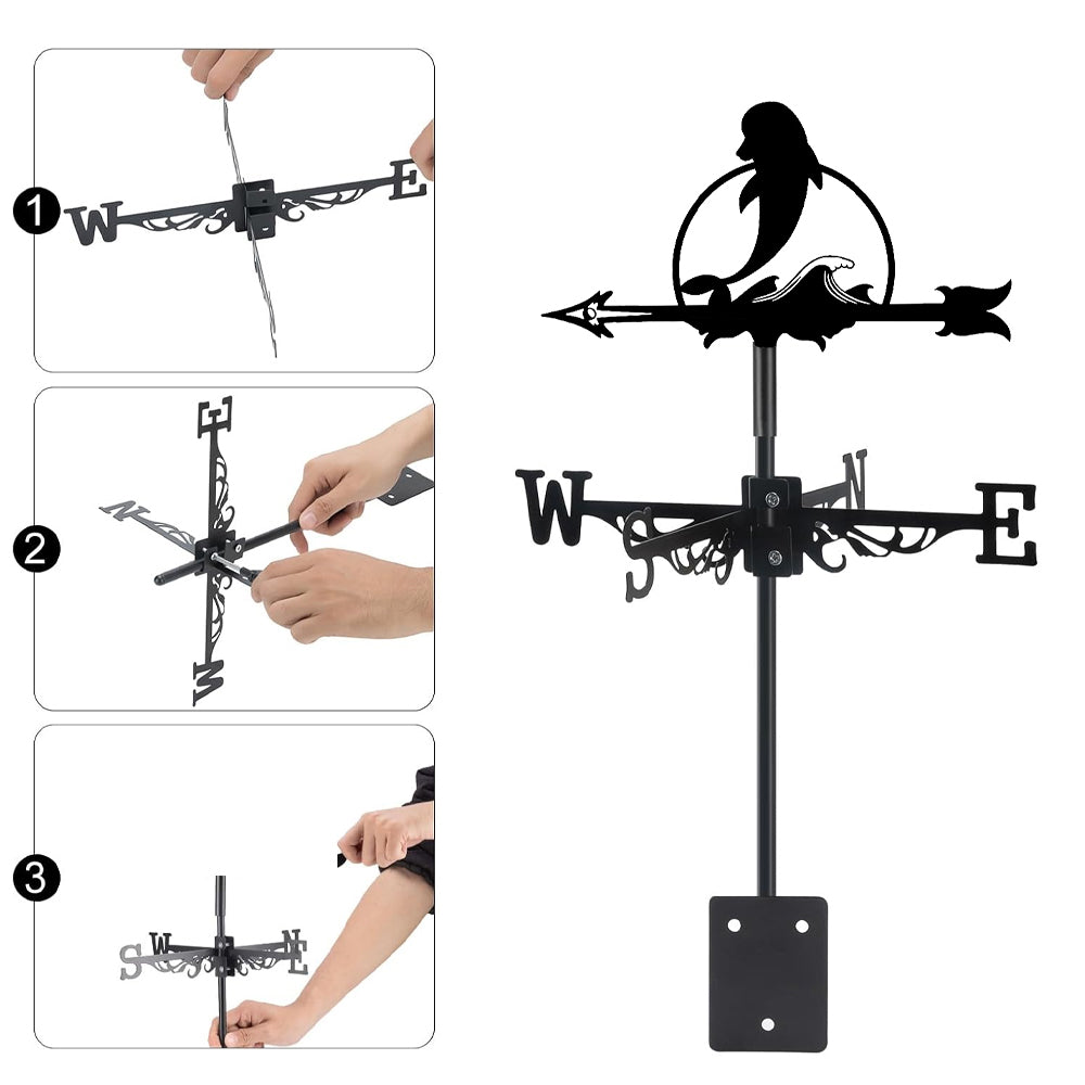 Whale metal weather vane with directional arrows and mounting rod, outdoor roof and garden decoration