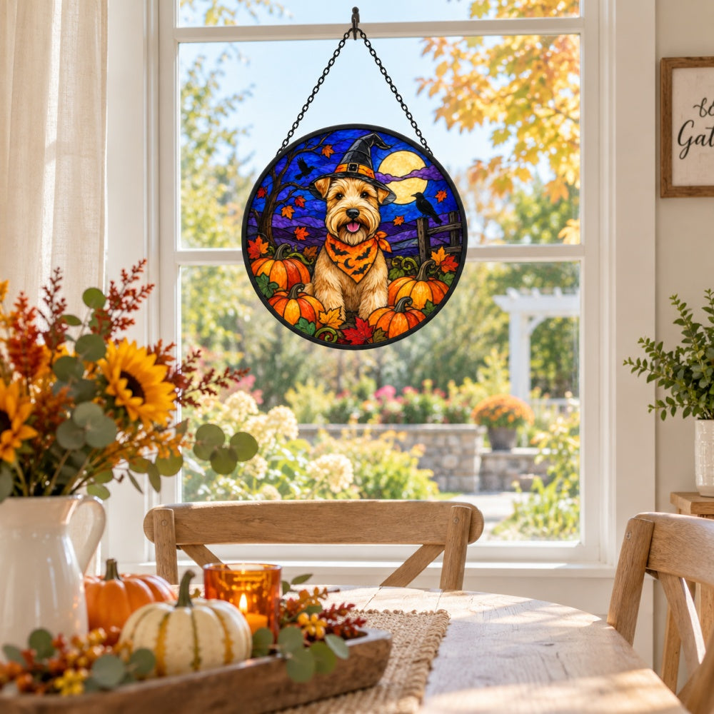 Wheaten Terrier Halloween stained glass suncatcher window hanging, suitable for home and garden decoration
