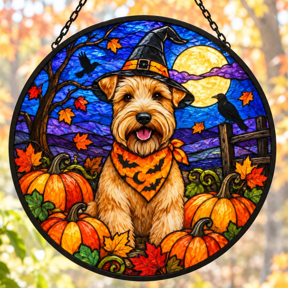 Wheaten Terrier Halloween stained glass suncatcher window hanging, suitable for home and garden decoration