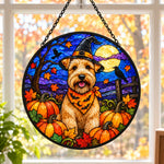 Wheaten Terrier Halloween stained glass suncatcher window hanging, suitable for home and garden decoration