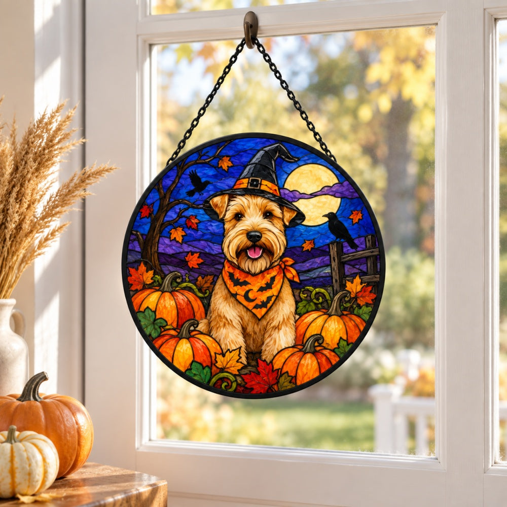 Wheaten Terrier Halloween stained glass suncatcher window hanging, suitable for home and garden decoration