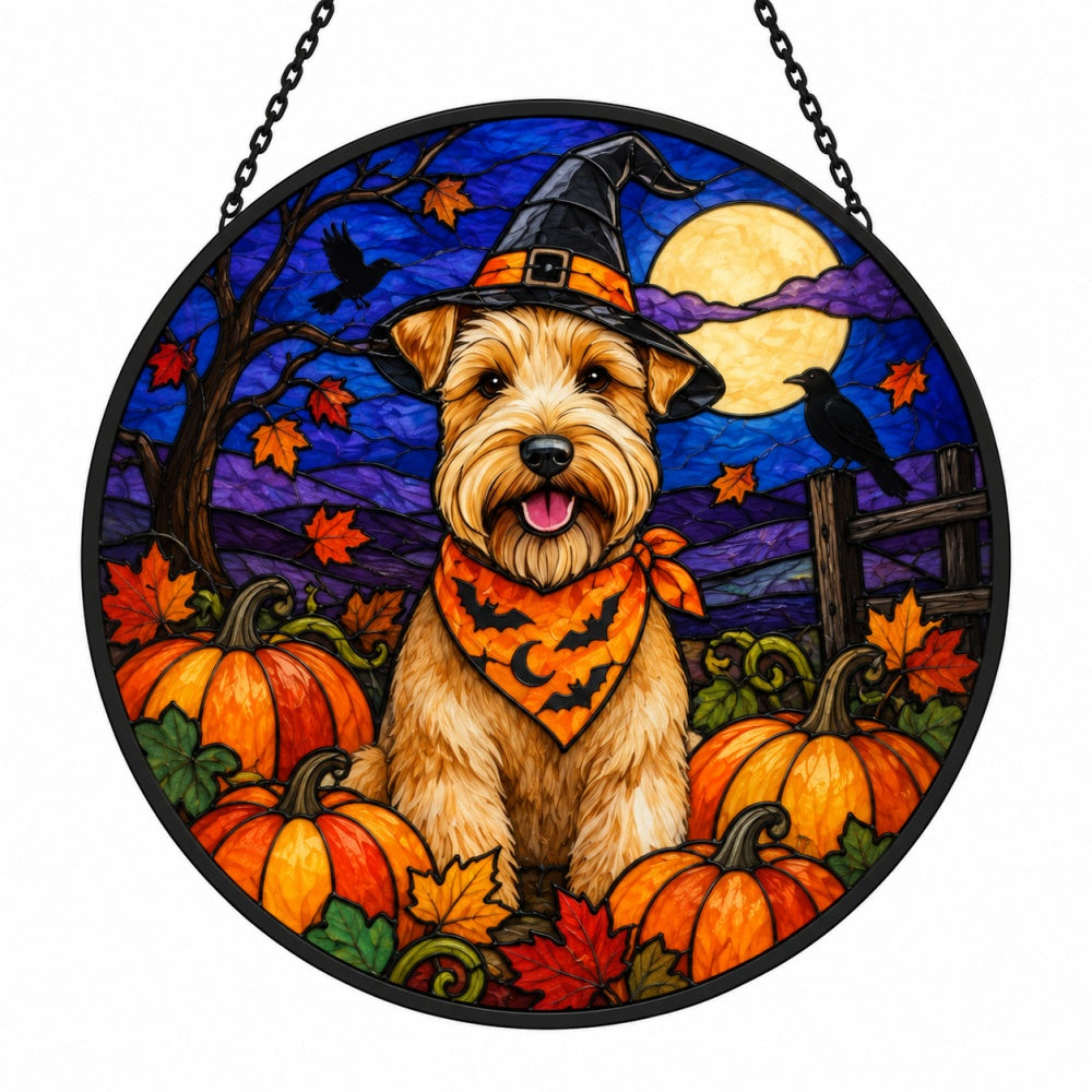 Wheaten Terrier Halloween stained glass suncatcher window hanging, suitable for home and garden decoration