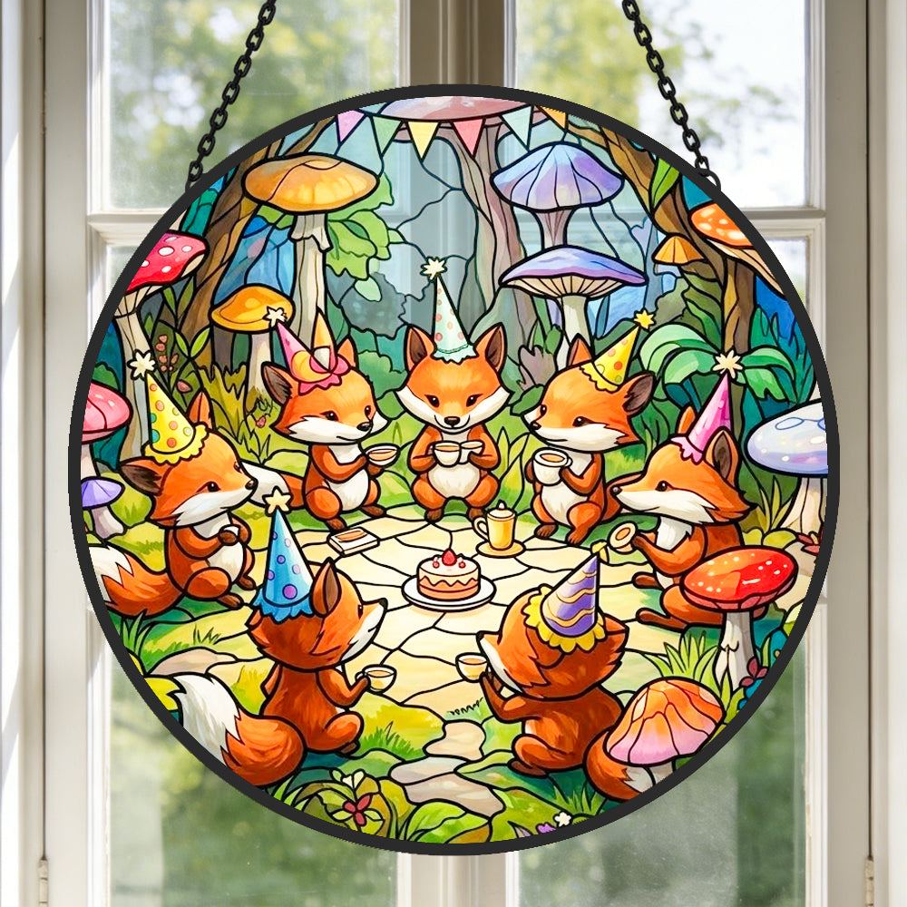 whimsical fox birthday party stained glass suncatcher window hanging, suitable for home and garden decoration.