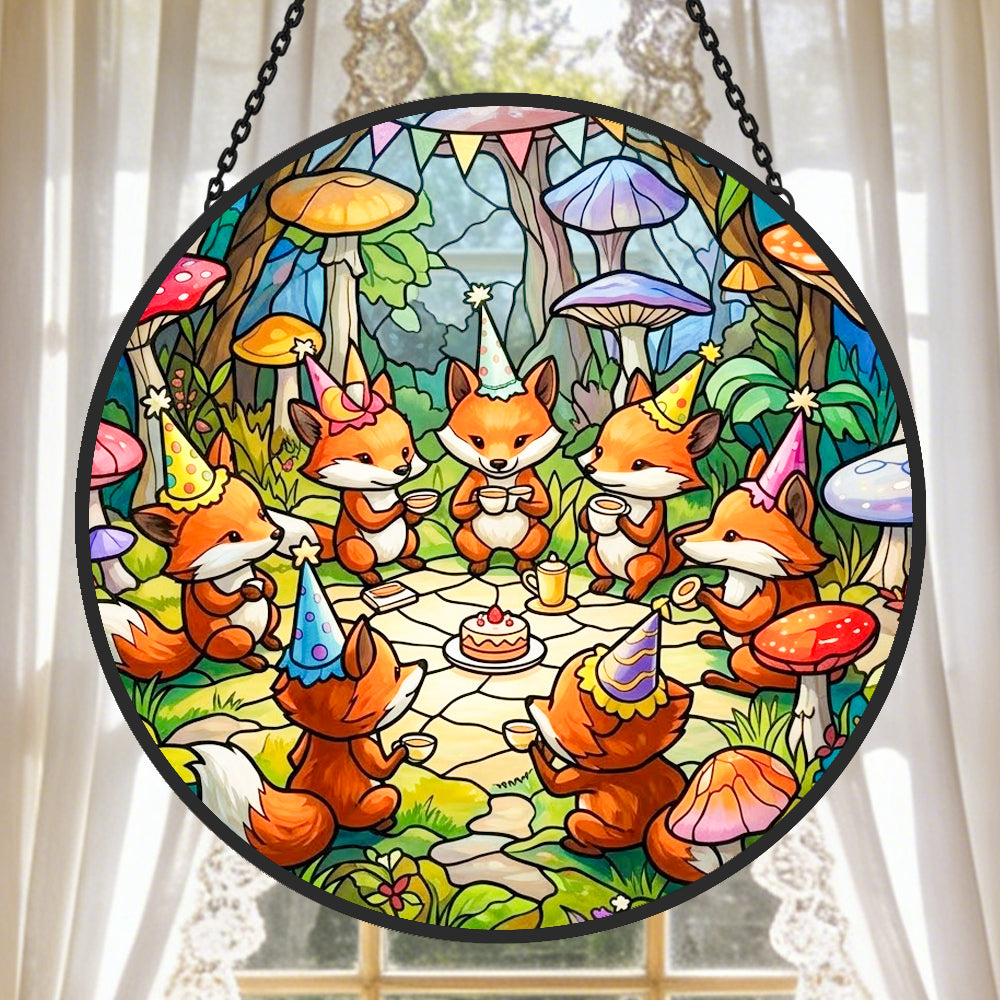 whimsical fox birthday party stained glass suncatcher window hanging, suitable for home and garden decoration.