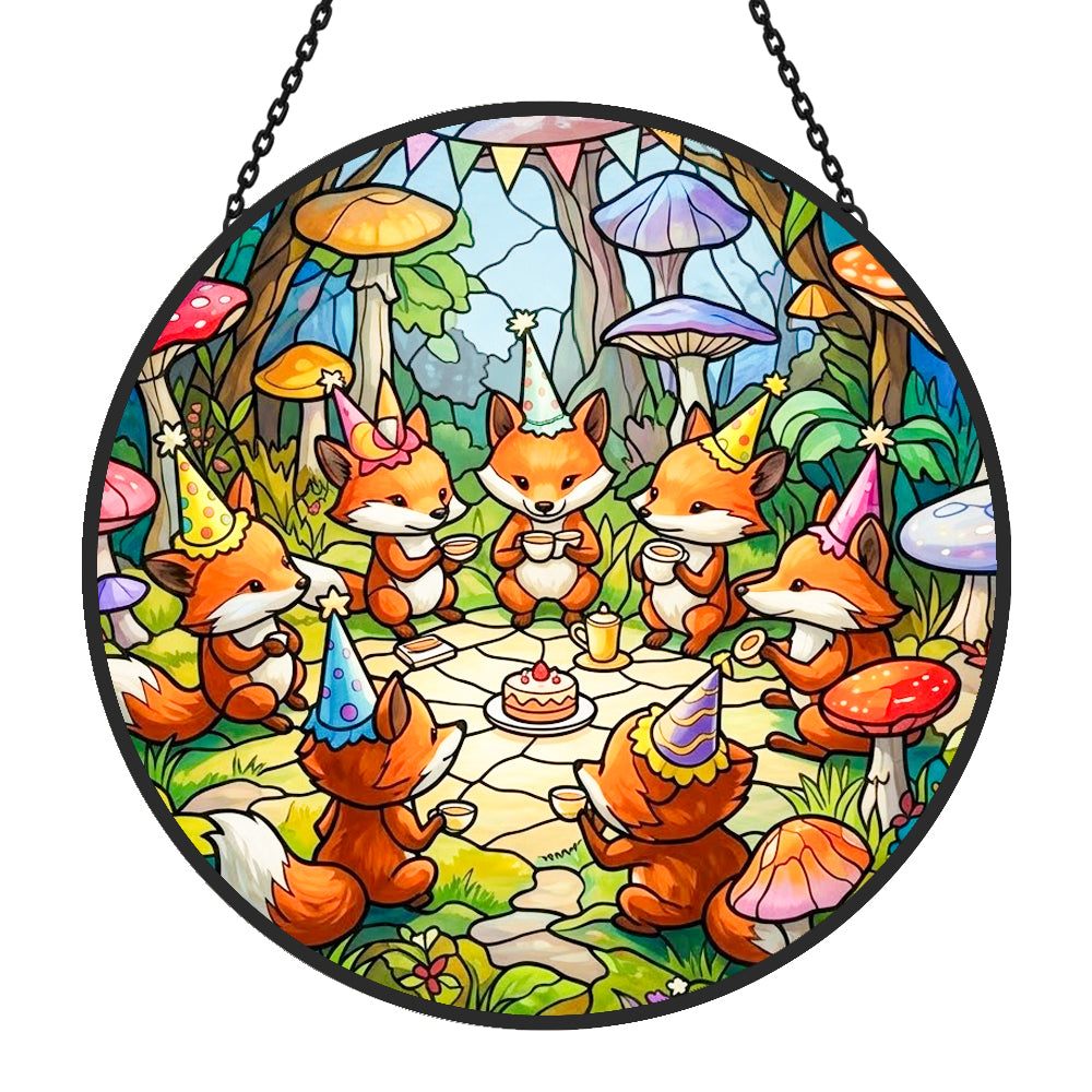 whimsical fox birthday party stained glass suncatcher window hanging, suitable for home and garden decoration.