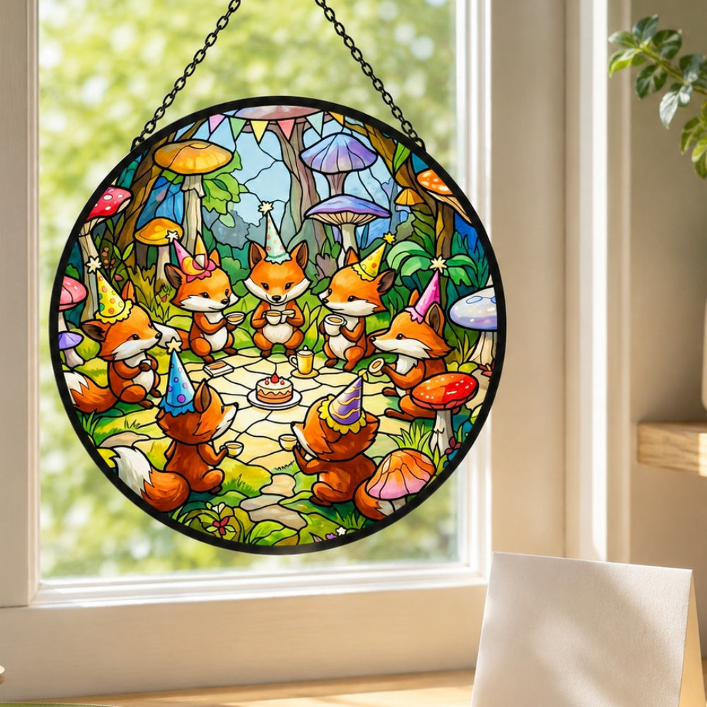 Whimsical fox birthday party stained glass suncatcher window hanging, suitable for home and garden decoration