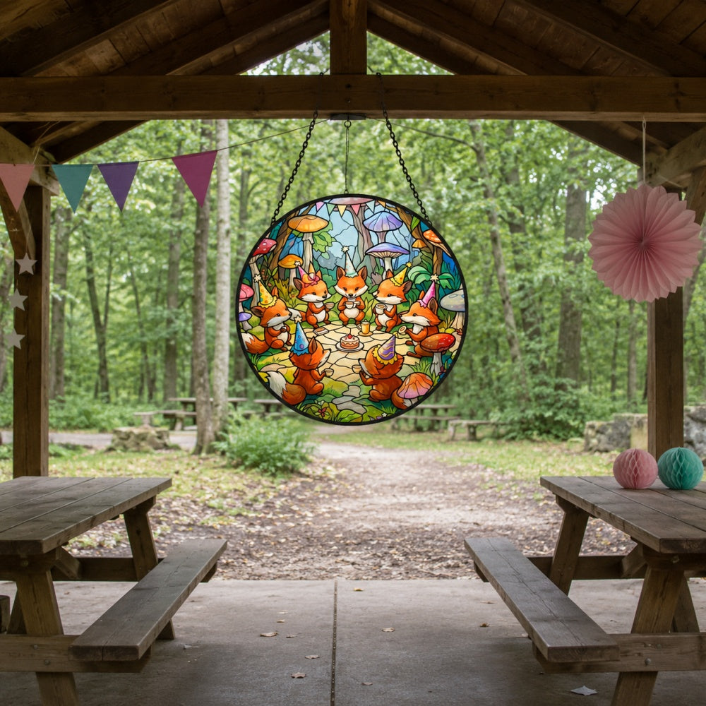 Whimsical fox birthday party stained glass suncatcher window hanging, suitable for home and garden decoration