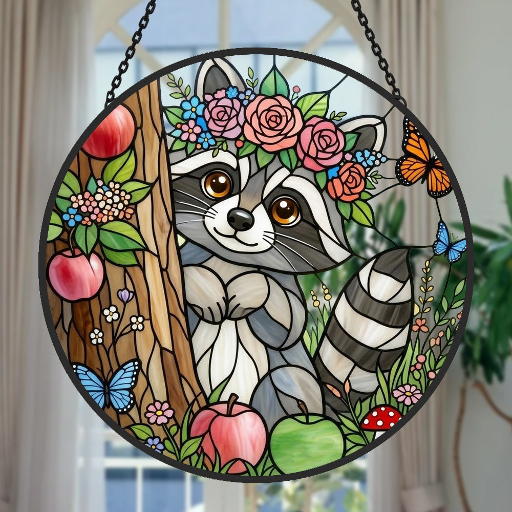 Whimsical raccoon with flower crown stained glass suncatcher window hanging, suitable for home and garden decoration