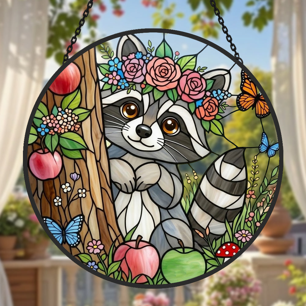 Whimsical raccoon with flower crown stained glass suncatcher window hanging, suitable for home and garden decoration