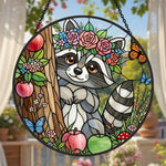 Whimsical raccoon with flower crown stained glass suncatcher window hanging, suitable for home and garden decoration