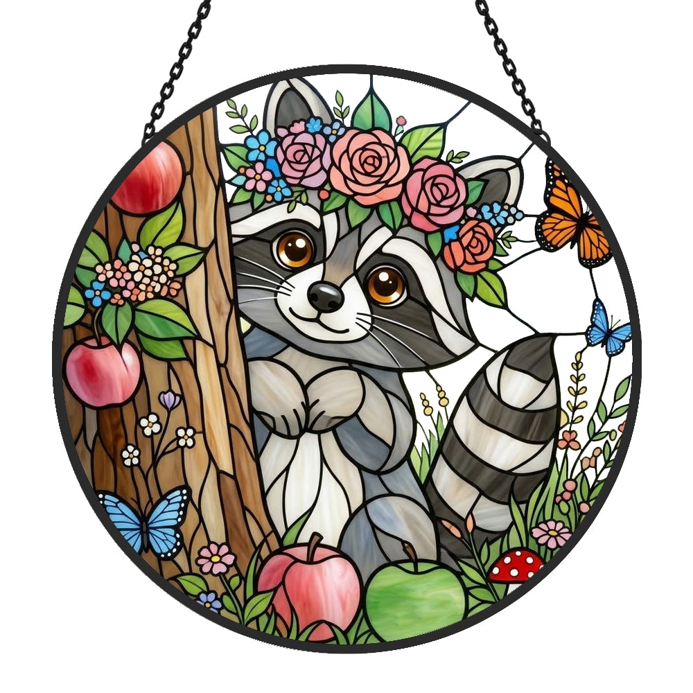 Whimsical raccoon with flower crown stained glass suncatcher window hanging, suitable for home and garden decoration