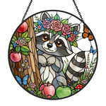 Whimsical raccoon with flower crown stained glass suncatcher window hanging, suitable for home and garden decoration