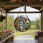 Whimsical raccoon with flower crown stained glass suncatcher window hanging, suitable for home and garden decoration