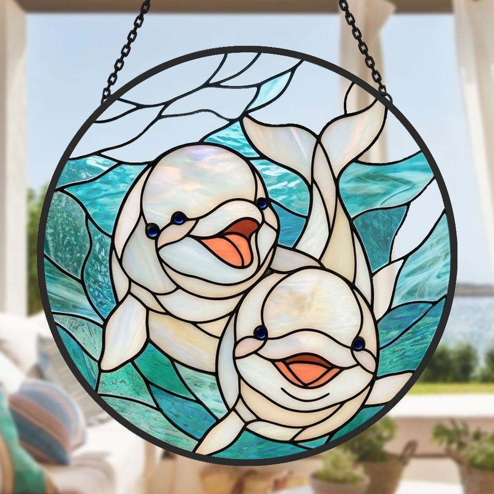 Whimsical smiling baby dolphin pair stained glass suncatcher window hanging, suitable for home and garden decoration