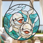 Whimsical smiling baby dolphin pair stained glass suncatcher window hanging, suitable for home and garden decoration
