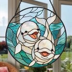Whimsical smiling baby dolphin pair stained glass suncatcher window hanging, suitable for home and garden decoration