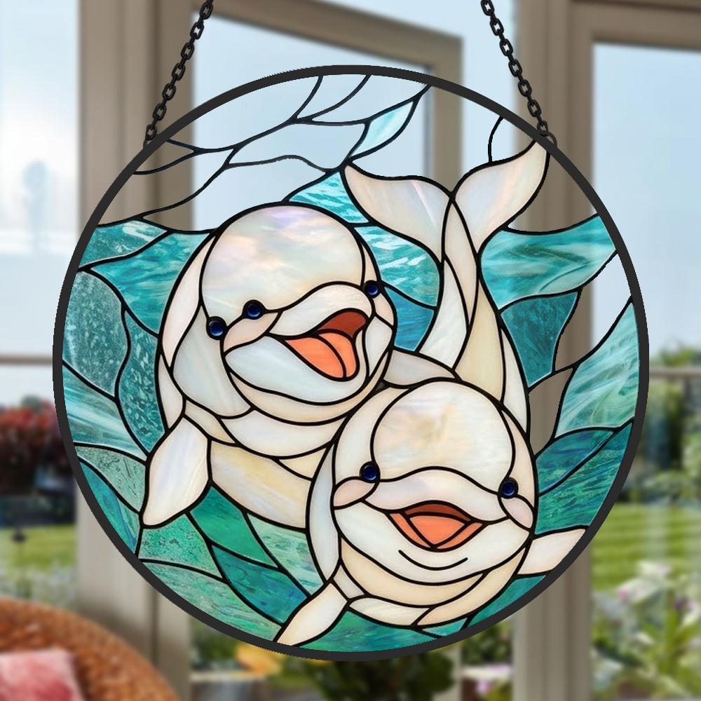 Whimsical smiling baby dolphin pair stained glass suncatcher window hanging, suitable for home and garden decoration