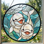 Whimsical smiling baby dolphin pair stained glass suncatcher window hanging, suitable for home and garden decoration