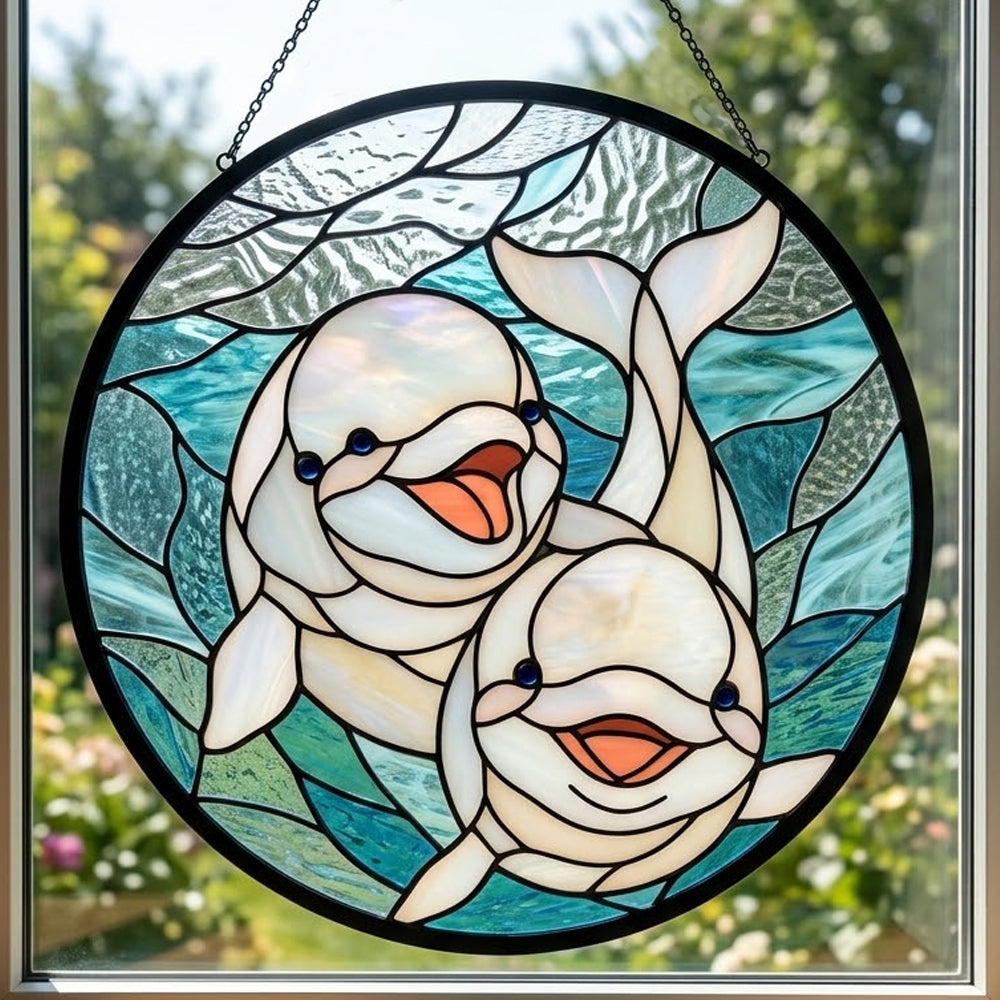 Whimsical smiling baby dolphin pair stained glass suncatcher window hanging, suitable for home and garden decoration
