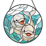 Whimsical smiling baby dolphin pair stained glass suncatcher window hanging, suitable for home and garden decoration