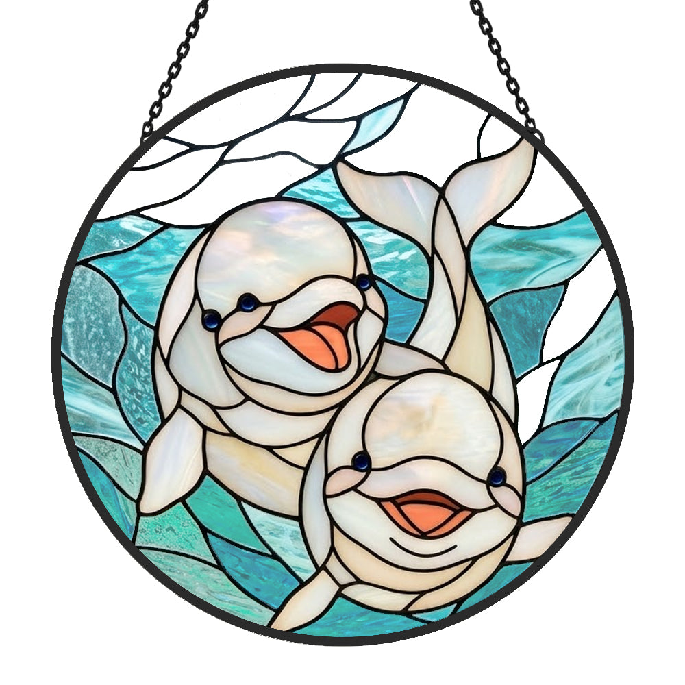 Whimsical smiling baby dolphin pair stained glass suncatcher window hanging, suitable for home and garden decoration