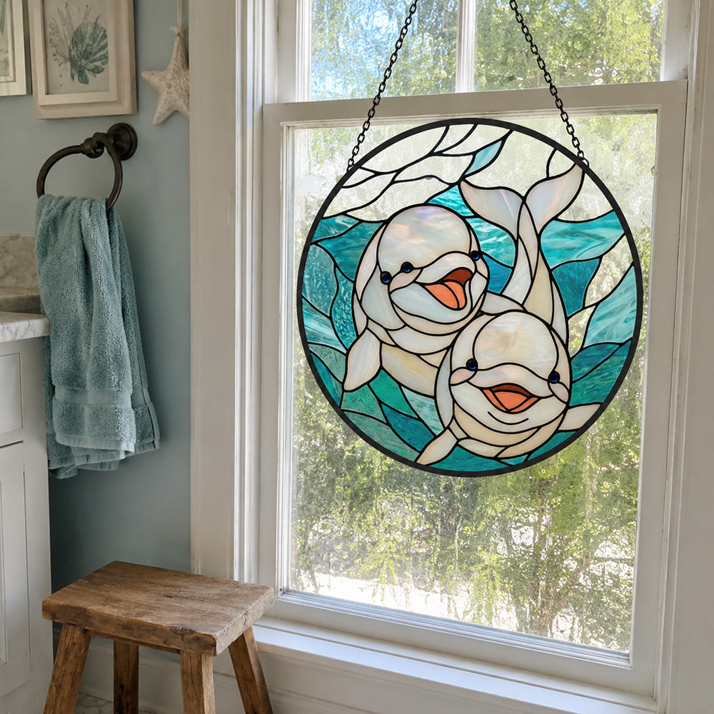 Whimsical smiling baby dolphin pair stained glass suncatcher window hanging, suitable for home and garden decoration