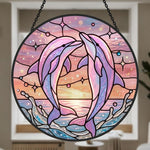 Whimsical starry sky pink dolphin art stained glass suncatcher window hanging, suitable for home and garden decoration