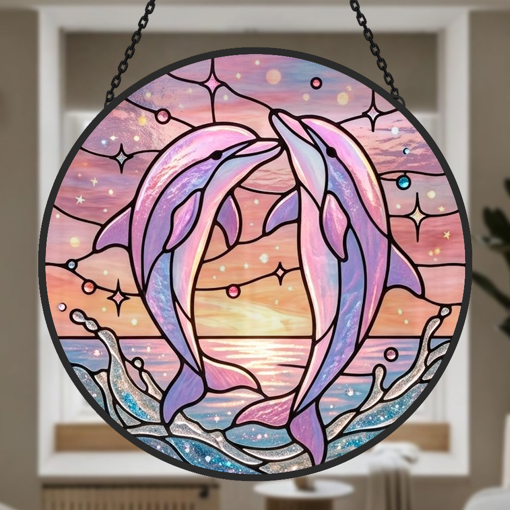 Whimsical starry sky pink dolphin art stained glass suncatcher window hanging, suitable for home and garden decoration
