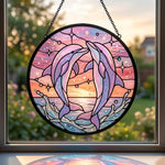 Whimsical starry sky pink dolphin art stained glass suncatcher window hanging, suitable for home and garden decoration