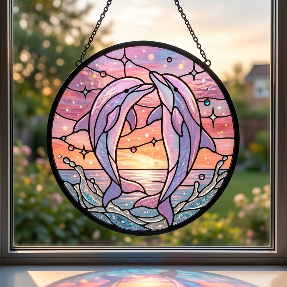 Whimsical starry sky pink dolphin art stained glass suncatcher window hanging, suitable for home and garden decoration