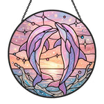 Whimsical starry sky pink dolphin art stained glass suncatcher window hanging, suitable for home and garden decoration