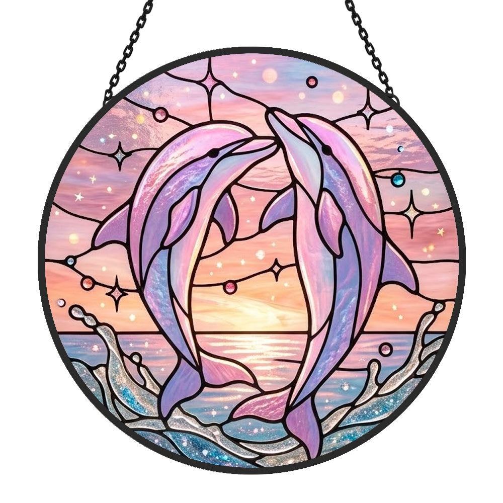 Whimsical starry sky pink dolphin art stained glass suncatcher window hanging, suitable for home and garden decoration