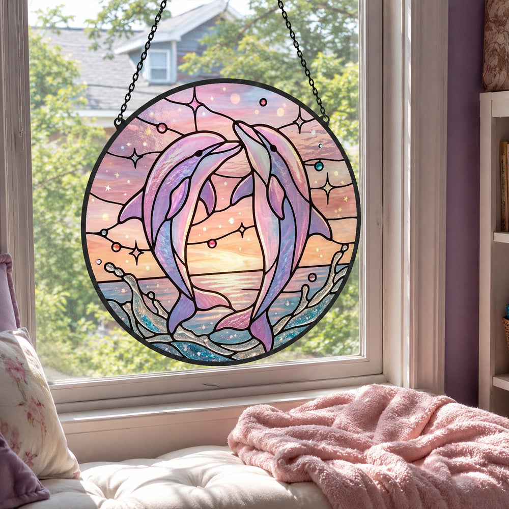 Whimsical starry sky pink dolphin art stained glass suncatcher window hanging, suitable for home and garden decoration