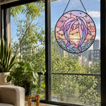Whimsical starry sky pink dolphin art stained glass suncatcher window hanging, suitable for home and garden decoration