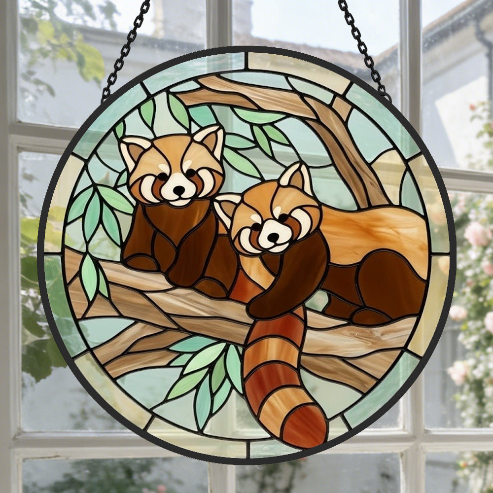 Whimsical tree branch red pandas stained glass suncatcher window hanging, suitable for home and garden decoration
