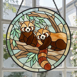 Whimsical tree branch red pandas stained glass suncatcher window hanging, suitable for home and garden decoration