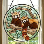 Whimsical tree branch red pandas stained glass suncatcher window hanging, suitable for home and garden decoration