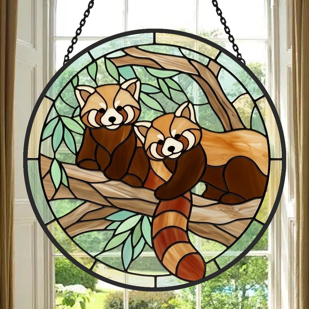 Whimsical tree branch red pandas stained glass suncatcher window hanging, suitable for home and garden decoration