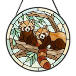 Whimsical tree branch red pandas stained glass suncatcher window hanging, suitable for home and garden decoration